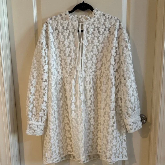 Zara White Floral Textured Babydoll Dress/Tunic - Size XL - Picture 10 of 10